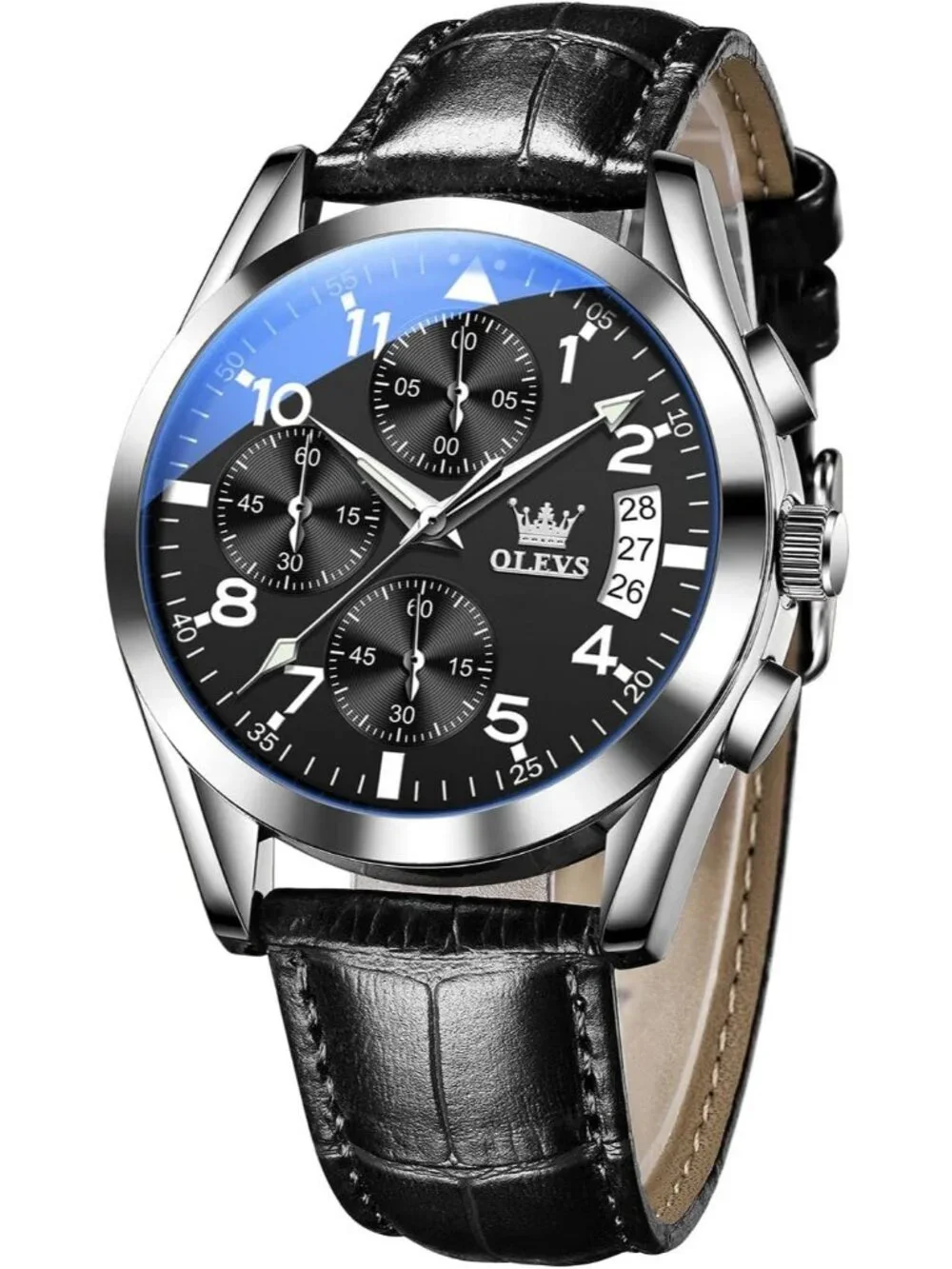 Men's Silver Black Leather Chronograph Watch Big Face Waterproof Luminous Watch